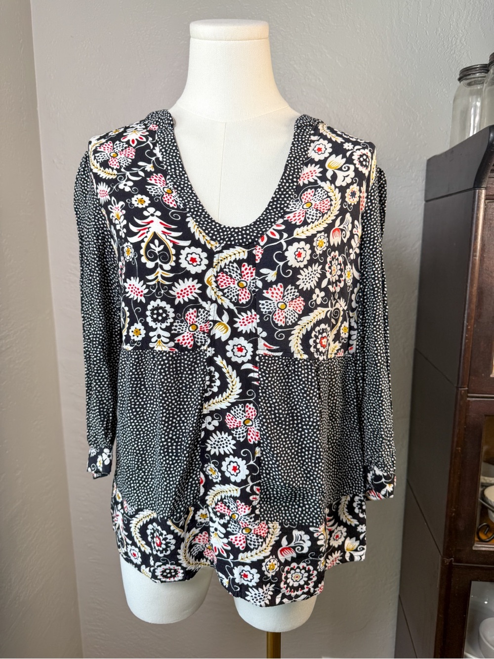 Boden Black Floral Mixed Print Peasant Blouse Size US 8 UK 12